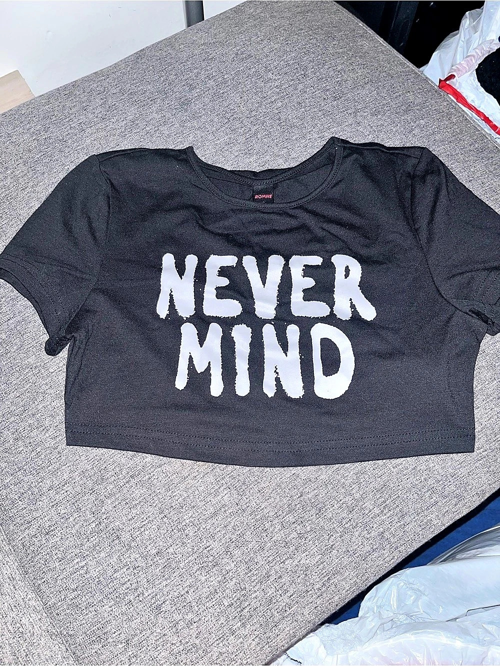 Never Mind Graphic Crop Top in Black & Grey NWT